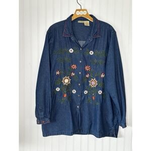Vtg Bobbie‎ Brooks Shirt XL Denim Blue Embroidered Flowers Beads L/S Button Up